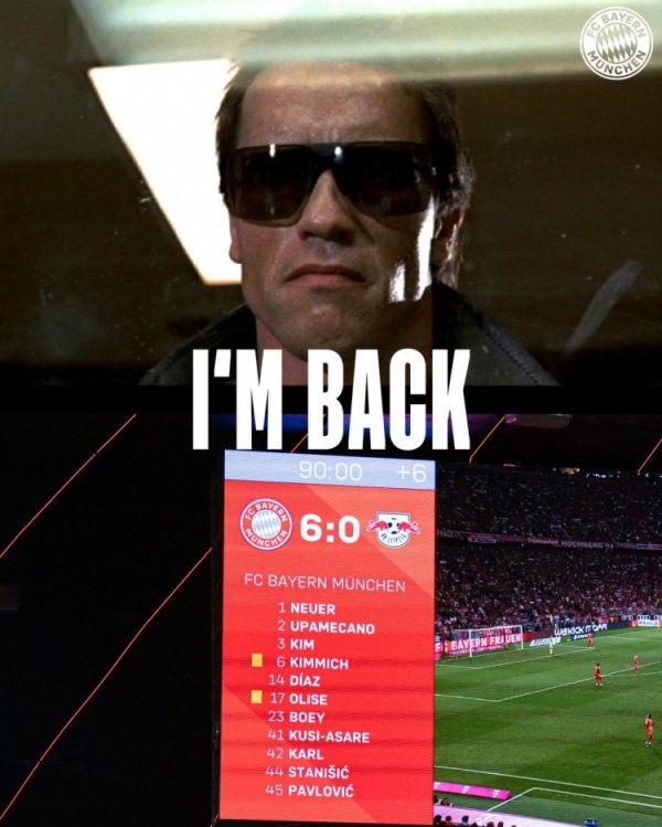 I'M BACK！拜仁晒已矣者海报，庆祝德甲首轮6-0大捷