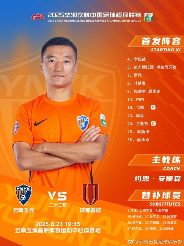 中超第22轮对阵成王人蓉城，云南玉昆首发出炉！