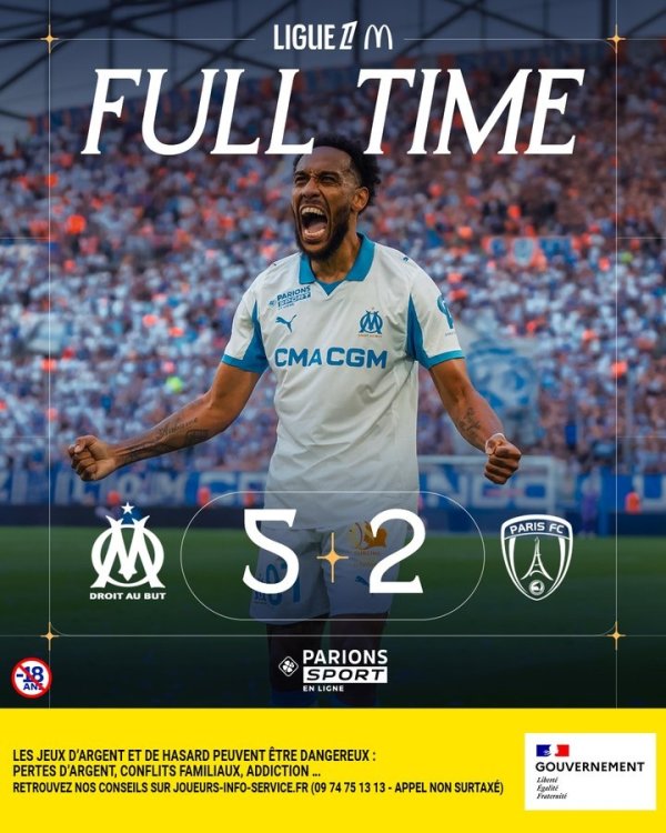 奥巴梅扬双响&格林伍德点射！马赛5-2巴黎FC，赢得新赛季法甲首胜