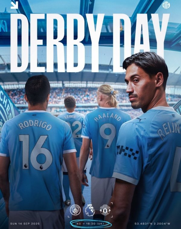 曼城官推晒德比大战海报：哈兰德、罗德里、赖因德斯步入伊蒂哈德