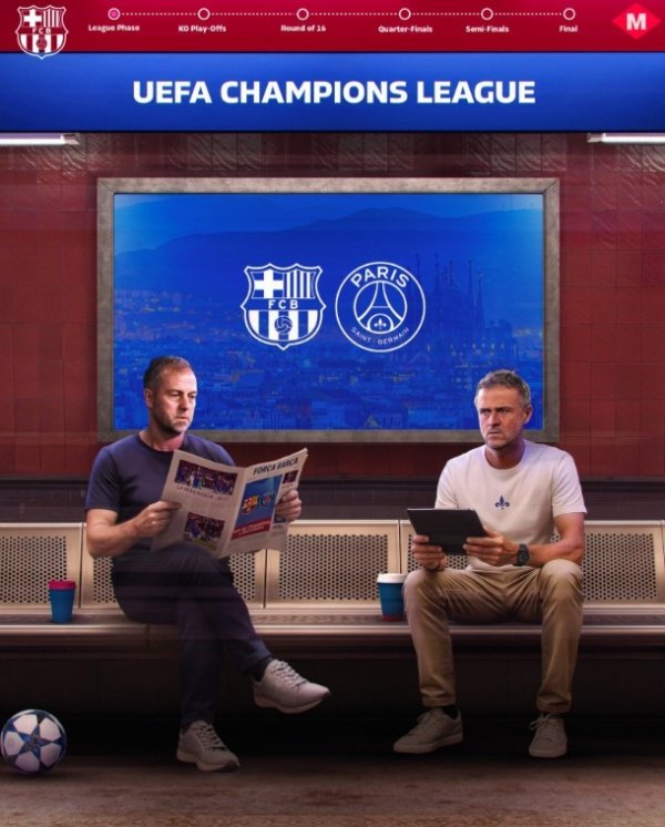 老师对决！巴萨发布战巴黎海报：弗里克对决恩里克