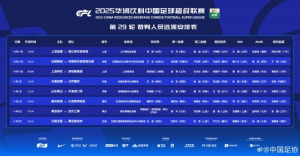 中超第29轮裁判：傅明法则海港vs浙江 沙特裁判法则海牛vs三镇