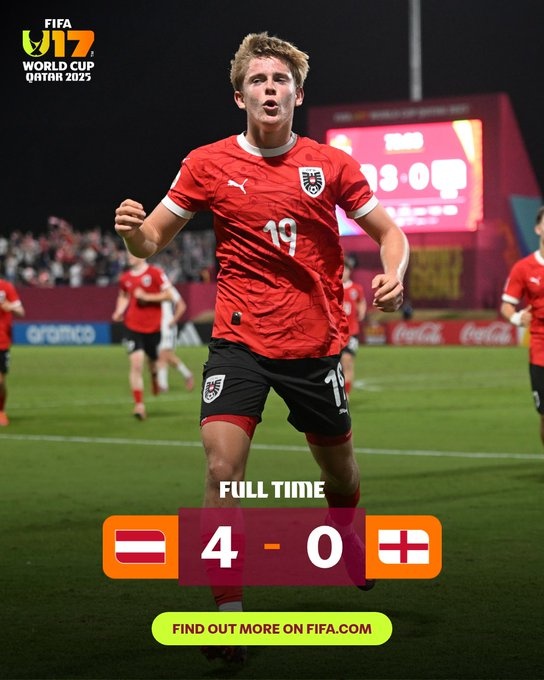 U17寰球杯1/8决赛英格兰0-4惨败奥地利，后者1/4决赛对阵日本